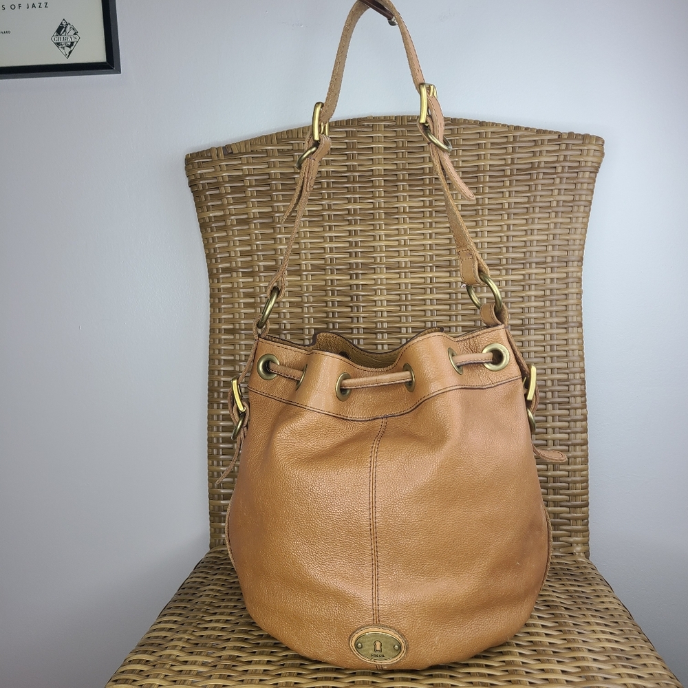 Fossil Tan Leather Shoulder Bucket Bag